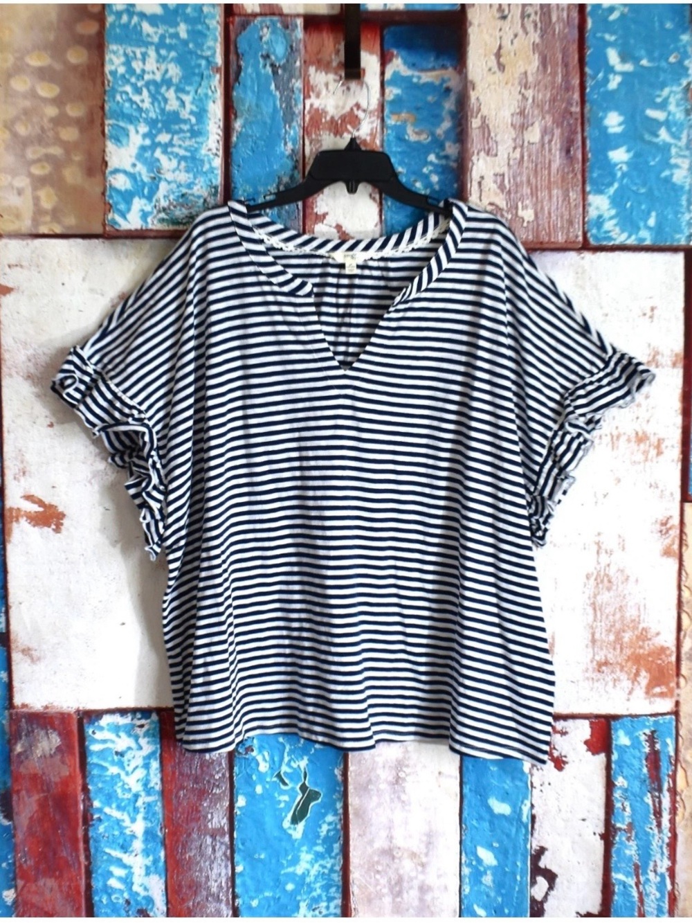 Terra & Sky Black and White Striped V‑Neck Ruffle Sleeve Tee